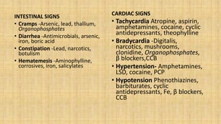 INTESTINAL SIGNS
• Cramps -Arsenic, lead, thallium,
Organophosphates
• Diarrhea -Antimicrobials, arsenic,
iron, boric acid
• Constipation -Lead, narcotics,
botulism
• Hematemesis -Aminophylline,
corrosives, iron, salicylates
CARDIAC SIGNS
• Tachycardia Atropine, aspirin,
amphetamines, cocaine, cyclic
antidepressants, theophylline
• Bradycardia -Digitalis,
narcotics, mushrooms,
clonidine, Organophosphates,
β blockers,CCB
• Hypertension- Amphetamines,
LSD, cocaine, PCP
• Hypotension Phenothiazines,
barbiturates, cyclic
antidepressants, Fe, β blockers,
CCB
 