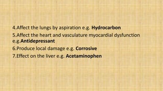 4.Affect the lungs by aspiration e.g. Hydrocarbon
5.Affect the heart and vasculature myocardial dysfunction
e.g.Antidepressant
6.Produce local damage e.g. Corrosive
7.Effect on the liver e.g. Acetaminophen
 