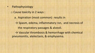• Pathophysiology
o Cause toxicity in 2 ways :
a. Aspiration (most common) results in
→ Spasm, edema, inflammatory rxn, and necrosis of
the respiratory passages & alveoli.
→ Vascular thrombosis & hemorrhage with chemical
pneumonitis, atelectasis, & emphysema.
 