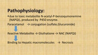 Pathophysiology:
due to toxic metabolite N-acetyl-P-benzoquinonemine
(NAPQI), produced by P450 enzyme.
Paracetamol → conjugation (sulfate,Glucuronide)
Reactive Metabolite → Gluthatione → NAC (NAPQI)
Binding to Hepatic macromolecules → Necrosis
 