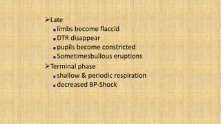Late
limbs become flaccid
DTR disappear
pupils become constricted
Sometimesbullous eruptions
Terminal phase
shallow & periodic respiration
decreased BP-Shock
 