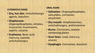 CUTANEOUS SIGNS
• Dry, hot skin -Anticholinergic
agents, botulism
• Diaphoresis-
Organophosphates, nitrates,
muscarinic mu...