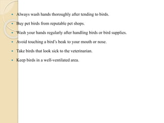  Always wash hands thoroughly after tending to birds.
 Buy pet birds from reputable pet shops.
 Wash your hands regularly after handling birds or bird supplies.
 Avoid touching a bird’s beak to your mouth or nose.
 Take birds that look sick to the veterinarian.
 Keep birds in a well-ventilated area.
 