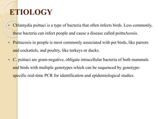 ETIOLOGY
 Chlamydia psittaci is a type of bacteria that often infects birds. Less commonly,
these bacteria can infect people and cause a disease called psittaAcosis.
 Psittacosis in people is most commonly associated with pet birds, like parrots
and cockatiels, and poultry, like turkeys or ducks.
 C. psittaci are gram-negative, obligate intracellular bacteria of both mammals
and birds with multiple genotypes which can be sequenced by genotype-
specific real-time PCR for identification and epidemiological studies.
 