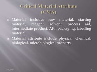  Material includes raw material, starting
material, reagent, solvent, process aid,
intermediate product, API, packaging, labelling
material.
 Material attribute include physical, chemical,
biological, microbiological property.
6/26/2020 8
 