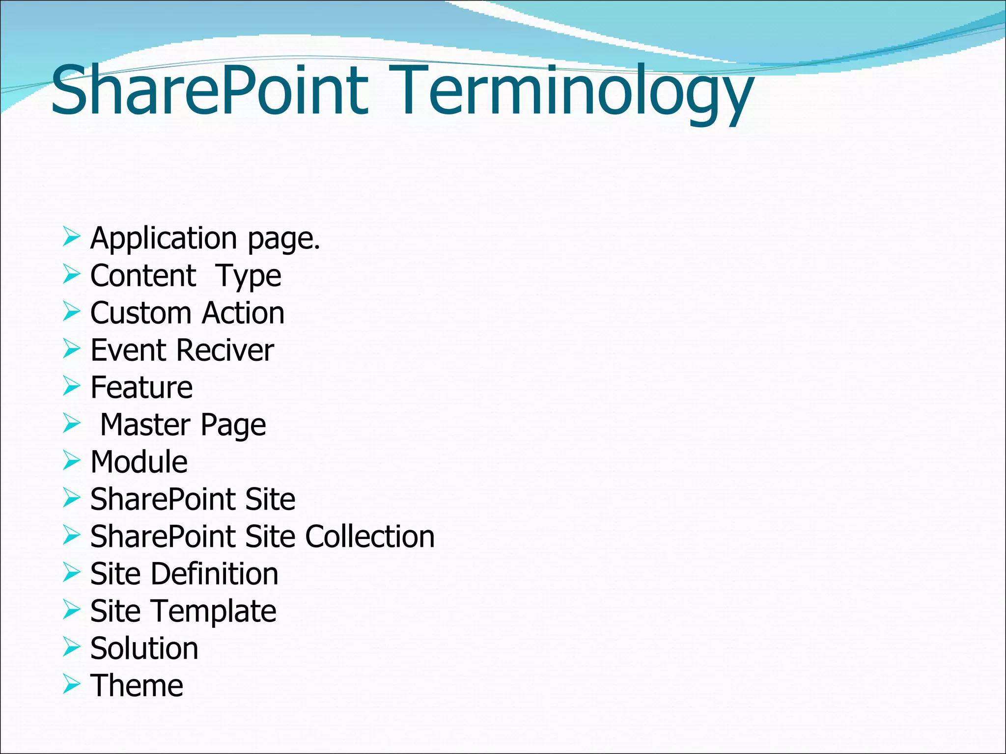 SharePoint Terminology Application page .   Content  Type Custom Action Event Reciver Feature Master Page Module SharePoint Site SharePoint Site Collection Site Definition Site Template Solution Theme 