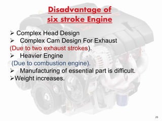 Disadvantage of
six stroke Engine
 Complex Head Design
 Complex Cam Design For Exhaust
(Due to two exhaust strokes).
 Heavier Engine
(Due to combustion engine).
 Manufacturing of essential part is difficult.
Weight increases.
20
 