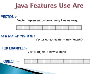 Vector implement dynamic array like an array.
Vector object name = new Vector();
Vector object = new Vector();
 