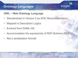 Ontology Languages
12	
OWL – Web Ontology Language
•  Standardised in Version 2 as W3C Recommendation
•  Mapped to Description Logics
•  Evolved from DAML-OIL
•  Accommodates the expressivity of RDF-Schema (RDFS)
•  Not a serialisation format!
 