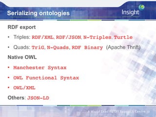 Serializing ontologies
RDF export
•  Triples: RDF/XML, RDF/JSON, N-Triples, Turtle
•  Quads: TriG, N-Quads, RDF Binary (Apache Thrift)
Native OWL
•  Manchester Syntax
•  OWL Functional Syntax
•  OWL/XML
Others: JSON-LD
22	
 