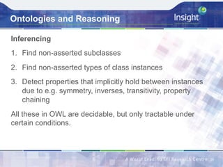 Ontologies and Reasoning
Inferencing
1.  Find non-asserted subclasses
2.  Find non-asserted types of class instances
3.  Detect properties that implicitly hold between instances
due to e.g. symmetry, inverses, transitivity, property
chaining
All these in OWL are decidable, but only tractable under
certain conditions.
26	
 