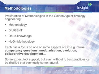 Methodologies
Proliferation of Methodologies in the Golden Age of ontology
engineering:
•  Methontology
•  DILIGENT
•  On-to-knowledge
•  NeOn Methodology
Each has a focus on one or some aspects of OE e.g. reuse,
competency questions, modularisation, evolution,
collaborative development…
Some expect tool support, but even without it, best practices can
be distilled that eventually come natural.
29	
 