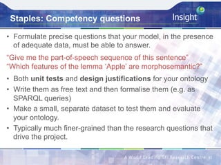 Staples: Competency questions
•  Formulate precise questions that your model, in the presence
of adequate data, must be able to answer.
“Give me the part-of-speech sequence of this sentence”
“Which features of the lemma ‘Apple’ are morphosemantic?”
•  Both unit tests and design justifications for your ontology
•  Write them as free text and then formalise them (e.g. as
SPARQL queries)
•  Make a small, separate dataset to test them and evaluate
your ontology.
•  Typically much finer-grained than the research questions that
drive the project.
31	
 