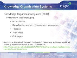Knowledge Organisation Systems
Knowledge Organisation System (KOS)
•  Umbrella term used for grouping
•  Authority files
•  Classification schemes (taxonomies, meronomies…)
•  Thesauri
•  Topic maps
•  Ontologies
4	
Garshol,	L.M.	Metadata?	Thesauri?	Taxonomies?	Topic	maps!	Making	sense	of	it	all.	
Journal	of	Information	Science,	30	(4).	378-391	(2004).	
https://web.archive.org/web/20081017174807/http://www.ontopia.net/topicmaps/
materials/tm-vs-thesauri.html		
 