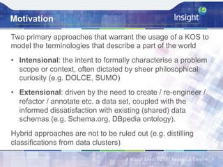 Motivation
Two primary approaches that warrant the usage of a KOS to
model the terminologies that describe a part of the world
•  Intensional: the intent to formally characterise a problem
scope or context, often dictated by sheer philosophical
curiosity (e.g. DOLCE, SUMO)
•  Extensional: driven by the need to create / re-engineer /
refactor / annotate etc. a data set, coupled with the
informed dissatisfaction with existing (shared) data
schemas (e.g. Schema.org, DBpedia ontology).
Hybrid approaches are not to be ruled out (e.g. distilling
classifications from data clusters)
7	
 