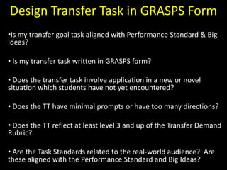 Design Transfer Task in GRASPS Form
•Is my transfer goal task aligned with Performance Standard & Big
Ideas?

• Is my transfer task written in GRASPS form?

• Does the transfer task involve application in a new or novel
situation which students have not yet encountered?

• Does the TT have minimal prompts or have too many directions?

• Does the TT reflect at least level 3 and up of the Transfer Demand
Rubric?

• Are the Task Standards related to the real-world audience? Are
these aligned with the Performance Standard and Big Ideas?
 