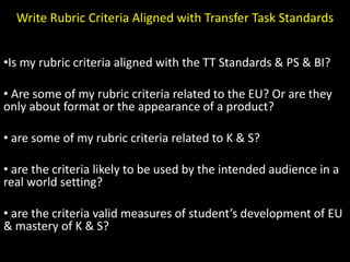 Write Rubric Criteria Aligned with Transfer Task Standards


•Is my rubric criteria aligned with the TT Standards & PS & BI?

• Are some of my rubric criteria related to the EU? Or are they
only about format or the appearance of a product?

• are some of my rubric criteria related to K & S?

• are the criteria likely to be used by the intended audience in a
real world setting?

• are the criteria valid measures of student’s development of EU
& mastery of K & S?
 