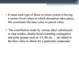 • It mean each type of diene or triene system is having
a certain fixed values at which abosrption takes place;
this constitutes the base value or parent value.
• The contribution made by various alkyl substituents
or ring residue, double bond extending conjugation
and polar groups such as -Cl,-Br etc … are added to
the base value to obtain for a particular compound
9
 