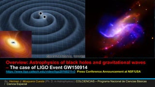Overview: Astrophysics of black holes and gravitational waves
– The case of LIGO Event GW150914
https://www.ligo.caltech.edu/video/ligo20160211v3 Press Conference Announcement at NSF/USA
By: Herman J. Mosquera Cuesta (Ph. D. in Astrophysics) | COLCIENCIAS – Programa Nacional de Ciencias Básicas
/ Ciencia Espacial
 