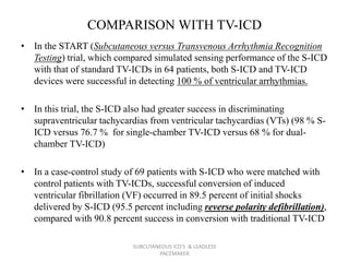 COMPARISON WITH TV-ICD
• In the START (Subcutaneous versus Transvenous Arrhythmia Recognition
Testing) trial, which compared simulated sensing performance of the S-ICD
with that of standard TV-ICDs in 64 patients, both S-ICD and TV-ICD
devices were successful in detecting 100 % of ventricular arrhythmias.
• In this trial, the S-ICD also had greater success in discriminating
supraventricular tachycardias from ventricular tachycardias (VTs) (98 % S-
ICD versus 76.7 % for single-chamber TV-ICD versus 68 % for dual-
chamber TV-ICD)
• In a case-control study of 69 patients with S-ICD who were matched with
control patients with TV-ICDs, successful conversion of induced
ventricular fibrillation (VF) occurred in 89.5 percent of initial shocks
delivered by S-ICD (95.5 percent including reverse polarity defibrillation),
compared with 90.8 percent success in conversion with traditional TV-ICD
SUBCUTANEOUS ICD'S & LEADLESS
PACEMAKER
 