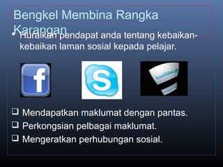 Bengkel Membina Rangka
Karangan Huraikan pendapat anda tentang kebaikan-
kebaikan laman sosial kepada pelajar.
 Mendapatkan maklumat dengan pantas.
 Perkongsian pelbagai maklumat.
 Mengeratkan perhubungan sosial.
 