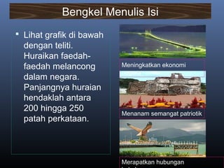  Lihat grafik di bawah
dengan teliti.
Huraikan faedah-
faedah melancong
dalam negara.
Panjangnya huraian
hendaklah antara
200 hingga 250
patah perkataan.
Meningkatkan ekonomi
negara
Menanam semangat patriotik
Merapatkan hubungan
Bengkel Menulis Isi
 