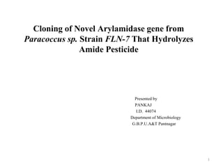 Cloning of Novel Arylamidase gene from
Paracoccus sp. Strain FLN-7 That Hydrolyzes
Amide Pesticide

Presented by
PANKAJ
I.D. 44074
Department of Microbiology
G.B.P.U.A&T Pantnagar

1

 