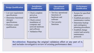Design Qualification
• List user requirement
specifications
• Determine functional
(design)
specifications
• Perform vendor
qualification
Installation
Qualification
• Check complete
arrival as
purchased
• Check correct
installation of
computer and
network hardware
and software
• Validation Plan
Operational
Qualification
• Test key operational
functions of
hardware and
software
• Test security
functions
Performance
Qualification
• System for specified
application
• Establish preventive
maintenance routine
• Determine backup
and contingency
planning procedures
• Establish change
control and security
maintenance
protocols
19
Revalidation- Repeating the original validation effort or any part of it,
and includes investigative review of existing performance data.
 