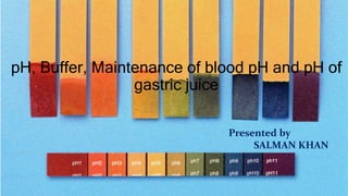 pH, Buffer, Maintenance of blood pH and pH of
gastric juice
Presented by
SALMAN KHAN
 