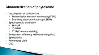  Visualization of particle size
 Transmission electron microscopy(TEM)
 Scanning electron microscopy(SEM)
 Spectroscopic evaluation
 1
H-NMR
 13
C-NMR
 FTIR(Chemical stability)
 Entrapment efficiency(Ultracentifugation)
 Spreadibility
 Percentage yield
 DSC
Department of pharmacognosy/LMCP/Mrugesh
Patel 12
 