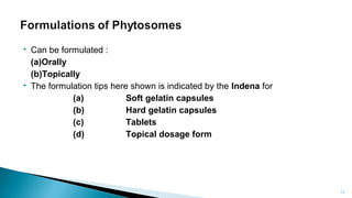  Can be formulated :
(a)Orally
(b)Topically
 The formulation tips here shown is indicated by the Indena for
(a) Soft gelatin capsules
(b) Hard gelatin capsules
(c) Tablets
(d) Topical dosage form
Department of pharmacognosy/LMCP/Mrugesh
Patel 13
 
