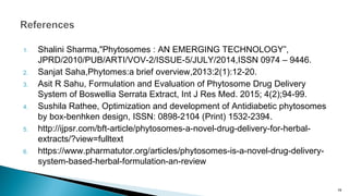 1. Shalini Sharma,"Phytosomes : AN EMERGING TECHNOLOGY”,
JPRD/2010/PUB/ARTI/VOV-2/ISSUE-5/JULY/2014,ISSN 0974 – 9446.
2. Sanjat Saha,Phytomes:a brief overview,2013:2(1):12-20.
3. Asit R Sahu, Formulation and Evaluation of Phytosome Drug Delivery
System of Boswellia Serrata Extract, Int J Res Med. 2015; 4(2);94-99.
4. Sushila Rathee, Optimization and development of Antidiabetic phytosomes
by box-benhken design, ISSN: 0898-2104 (Print) 1532-2394.
5. http://ijpsr.com/bft-article/phytosomes-a-novel-drug-delivery-for-herbal-
extracts/?view=fulltext
6. https://www.pharmatutor.org/articles/phytosomes-is-a-novel-drug-delivery-
system-based-herbal-formulation-an-review
19
 