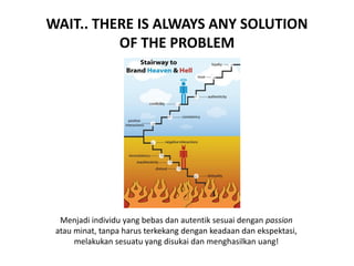 WAIT.. THERE IS ALWAYS ANY SOLUTION
          OF THE PROBLEM




  Menjadi individu yang bebas dan autentik sesuai dengan passion
 atau minat, tanpa harus terkekang dengan keadaan dan ekspektasi,
      melakukan sesuatu yang disukai dan menghasilkan uang!
 