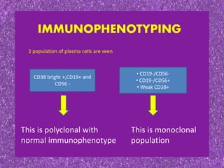 IMMUNOPHENOTYPING
2 population of plasma cells are seen
CD38 bright +,CD19+ and
CD56 -
This is polyclonal with
normal immunophenotype
• CD19-/CD56-
• CD19-/CD56+
• Weak CD38+
This is monoclonal
population
 