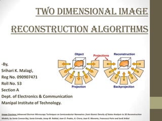Two Dimensional Image
         Reconstruction Algorithms


-By,
Srihari K. Malagi,
Reg No. 090907471
Roll No. 53
Section A
Dept. of Electronics & Communication
Manipal Institute of Technology.

Image Courtesy: Advanced Electron Microscopy Techniques on Semiconductor Nanowires: from Atomic Density of States Analysis to 3D Reconstruction
Models, by Sonia Conesa-Boj, Sonia Estrade, Josep M. Rebled, Joan D. Prades, A. Cirera, Joan R. Morante, Francesca Peiro and Jordi Arbiol
 