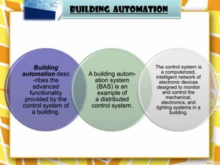 BUILDING AUTOMATION




     Building                              The control system is
automation desc        A building autom-      a computerized,
                                           intelligent network of
     -ribes the          ation system        electronic devices
    advanced              (BAS) is an       designed to monitor
   functionality          example of           and control the
 provided by the         a distributed          mechanical,
                                              electronics, and
control system of       control system.    lighting systems in a
    a building.                                    building.
 