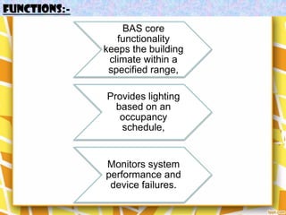 FUNCTIONS:-
                  BAS core
                 functionality
              keeps the building
               climate within a
               specified range,

              Provides lighting
                based on an
                 occupancy
                 schedule,


              Monitors system
              performance and
               device failures.
 