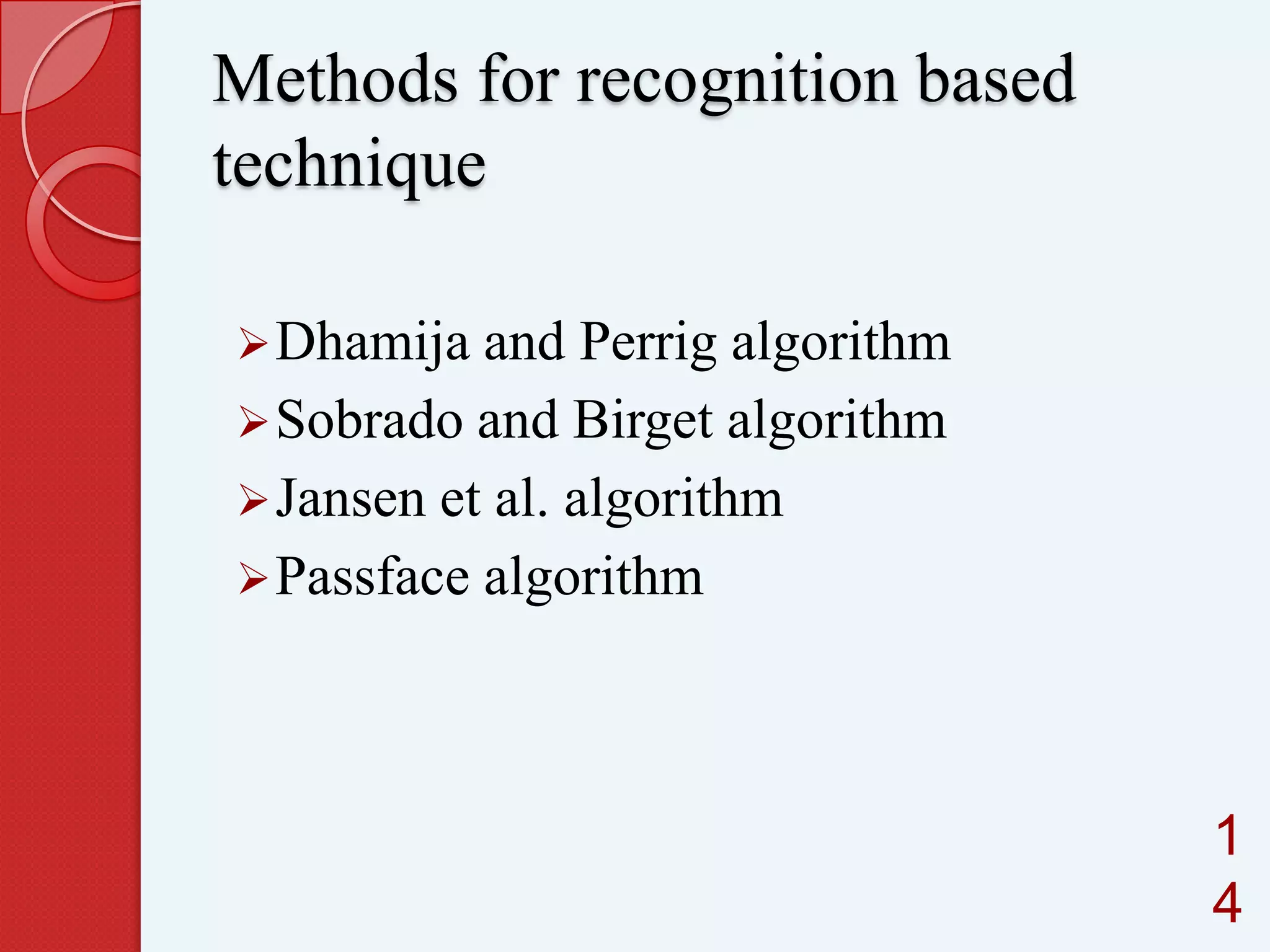 Methods for recognition based
technique
 Dhamija and

Perrig algorithm
 Sobrado and Birget algorithm
 Jansen et al. algorithm
 Passface algorithm

1
4

 