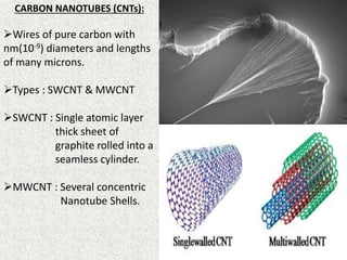 CARBON NANOTUBES (CNTs):
Wires of pure carbon with
nm(10-9) diameters and lengths
of many microns.
Types : SWCNT & MWCNT
SWCNT : Single atomic layer
thick sheet of
graphite rolled into a
seamless cylinder.
MWCNT : Several concentric
Nanotube Shells.
 
