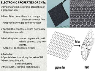 ELECTRONIC PROPERTIES OF CNTs:
Understanding electronic properties of
a graphene sheet.
Most Directions: there is a bandgap
electrons are not free
Graphene: zero-gap semiconductor.
Special Directions: electrons flow easily
Graphene: metallic
Bulk Graphite: conducting metallic path
which connects any two
points.
Graphite: conducts electricity.
Rolled up
Special direction: along the axis of NT.
Directions: Metallic
Semiconducting
Molecular Electronic Technologies.
 