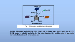 Finally, simulation experiments using MATLAB program have shown that, the RULE 
BASE model is suitable and effective for path planning of a mobile robot in uncertain 
terrain to find and reach to target objects. 
 