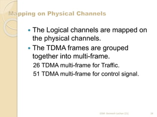  The Logical channels are mapped on 
the physical channels. 
 The TDMA frames are grouped 
together into multi-frame. 
26 TDMA multi-frame for Traffic. 
51 TDMA multi-frame for control signal. 
GSM- Animesh Lochan (11) 24 
 