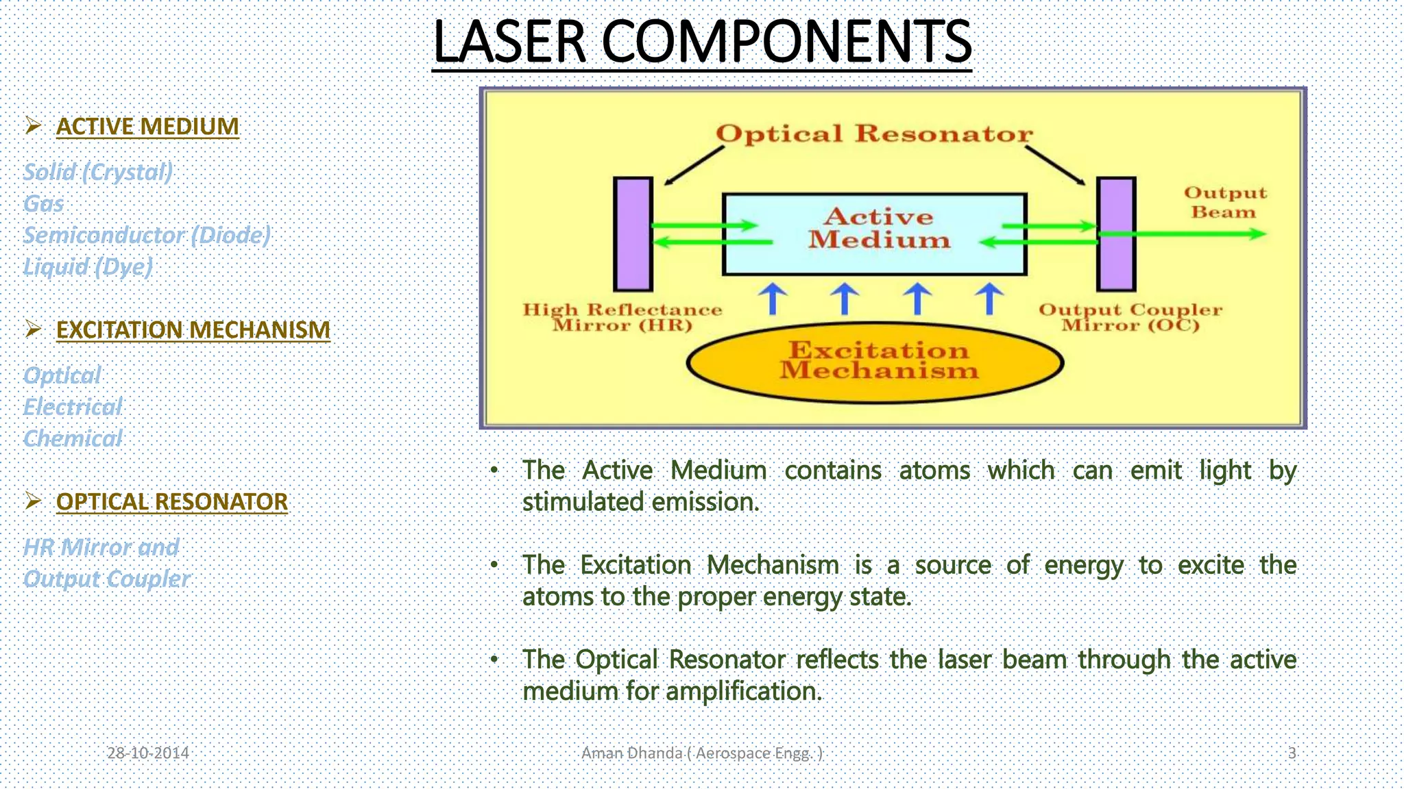 LASER COMPONENTS 
 ACTIVE MEDIUM 
Solid (Crystal) 
Gas 
Semiconductor (Diode) 
Liquid (Dye) 
 EXCITATION MECHANISM 
Optical 
Electrical 
Chemical 
 OPTICAL RESONATOR 
HR Mirror and 
Output Coupler 
• The Active Medium contains atoms which can emit light by 
stimulated emission. 
• The Excitation Mechanism is a source of energy to excite the 
atoms to the proper energy state. 
• The Optical Resonator reflects the laser beam through the active 
medium for amplification. 
28-10-2014 Aman Dhanda ( Aerospace Engg. ) 3 
 