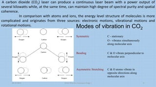 A carbon dioxide (CO2) laser can produce a continuous laser beam with a power output of 
several kilowatts while, at the same time, can maintain high degree of spectral purity and spatial 
coherence. 
In comparison with atoms and ions, the energy level structure of molecules is more 
complicated and originates from three sources: electronic motions, vibrational motions and 
rotational motions. Modes of vibration in CO2 
Symmetric C - stationary 
O - vibrates simultaneously 
along molecular axis 
Bending C & O vibrate perpendicular to 
molecular axis 
Asymmetric Stretching C & O atoms vibrate in 
opposite directions along 
molecular axis 
Aman 28-10-2014 Dhanda ( Aerospace Engg. ) 8 
 