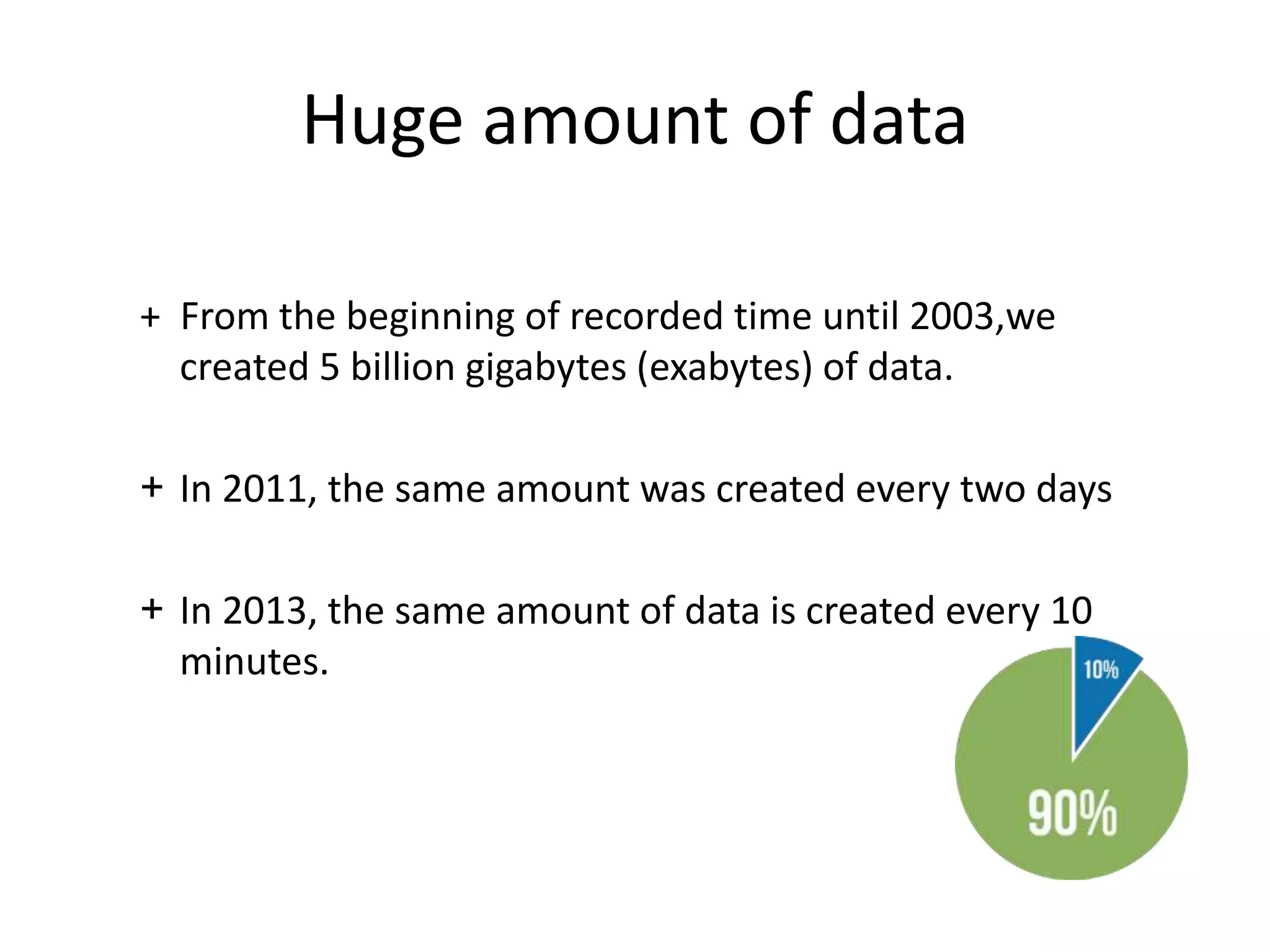 Huge amount of data 
+ From the beginning of recorded time until 2003,we 
created 5 billion gigabytes (exabytes) of data. 
+ In 2011, the same amount was created every two days 
+ In 2013, the same amount of data is created every 10 
minutes. 
 