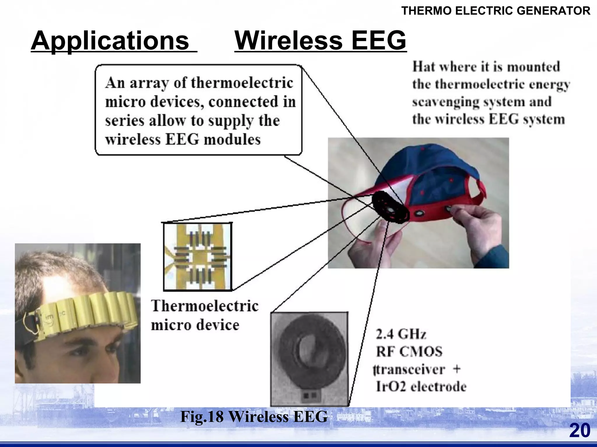 20
Applications Wireless EEG
Fig.18 Wireless EEG
THERMO ELECTRIC GENERATOR
 