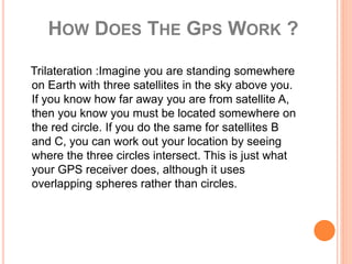 HOW DOES THE GPS WORK ?
Trilateration :Imagine you are standing somewhere
on Earth with three satellites in the sky above you.
If you know how far away you are from satellite A,
then you know you must be located somewhere on
the red circle. If you do the same for satellites B
and C, you can work out your location by seeing
where the three circles intersect. This is just what
your GPS receiver does, although it uses
overlapping spheres rather than circles.
 