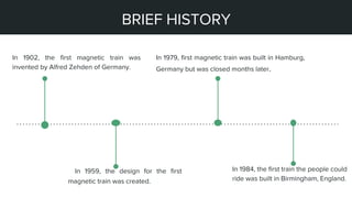 STEPS OF MY PROJECT
In 1902, the first magnetic train was
invented by Alfred Zehden of Germany.
In 1959, the design for the first
magnetic train was created.
In 1979, first magnetic train was built in Hamburg,
Germany but was closed months later.
In 1984, the first train the people could
ride was built in Birmingham, England.
BRIEF HISTORY
 