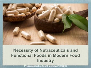 Necessity of Nutraceuticals and
Functional Foods in Modern Food
Industry
Presentation by Anu K Mathew (13T02B)
 