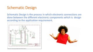 Schematic Design
Schematic Design is the process in which electronic connections are
done between the different electronic components which is design
according to the application requirement.
 